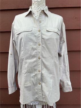Ex Officio Adventure Button Up Shirt Beige Casual Travel Utility